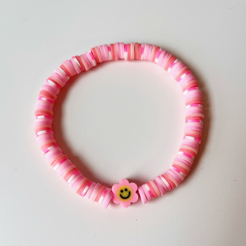 Pink Smiley Clay Bead Stretchy Bracelet